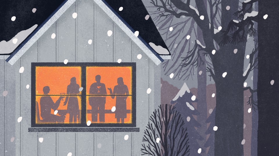 An illustration of four friends inside a house while snow falls outside.