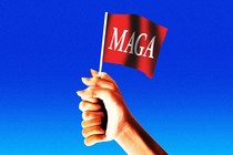 A glitchy hand holds a MAGA flag