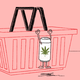 Line drawing of a soda can labeled with a marijuana leaf, with arms and legs, clinging to the side of a shopping basket