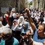 Palestinians protest new Israeli security measures at the Aqsa mosque in Jerusalem on July 20, 2017. 