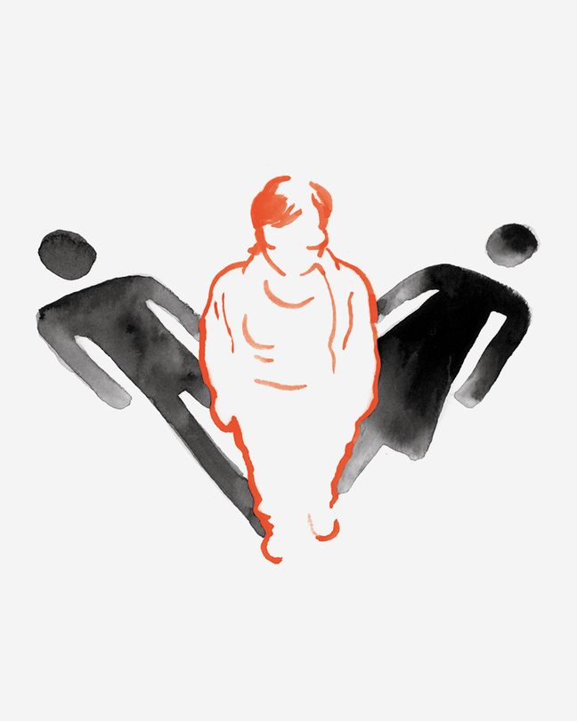 illustration of person standing and casting two shadows, one is the "male" restroom symbol and the other the "female"