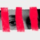 A woman's face behind illustrated bars