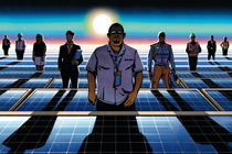 An illustration of lined solar panels with people standing in between.