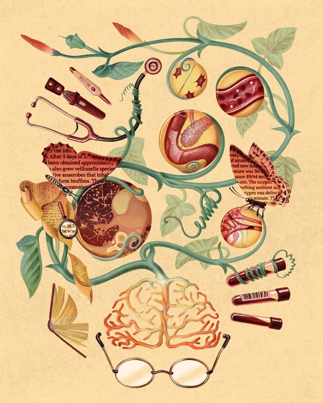 a tree grow sout of a bran with medical implements and organs wrapped in it