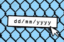 An illustration of an unfilled birthdate box with a cursor hovering over it, against the backdrop of a chain link fence.