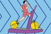 An illustration of a man jogging on a treadmill with round, yellow, smiling faces tied to the soles of his shoes