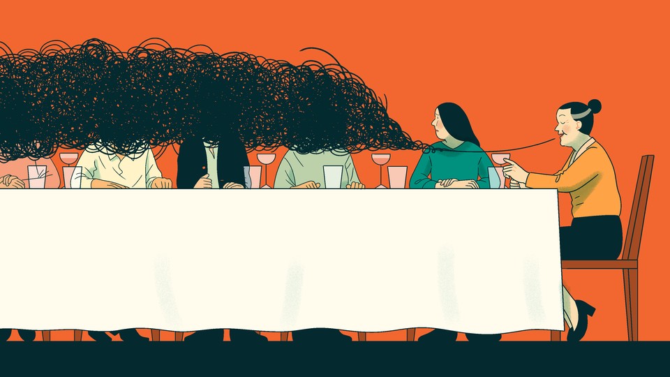 An illustration of a family sitting at a dinner table, with a string of speech from the mother clouding their faces.
