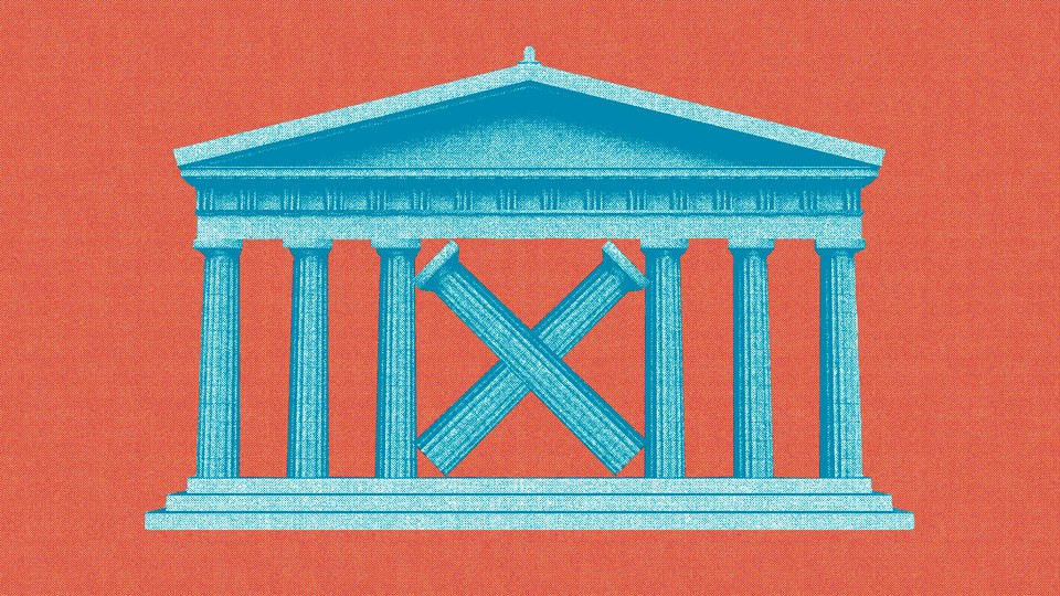 Illustration of the Supreme Court building with two pillars forming an “X” to block the entrance