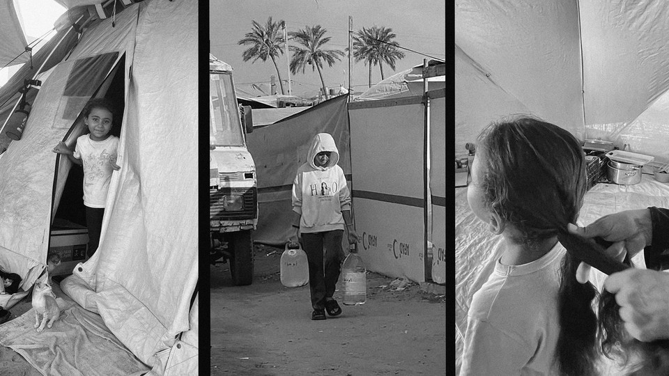 A triptych of black-and-white photos of daily life in Gaza, showing from left to right: a child and a cat at the entrance to a tent, a child carrying water jugs while wearing a hoodie, and a child getting her hair braided in a tent..