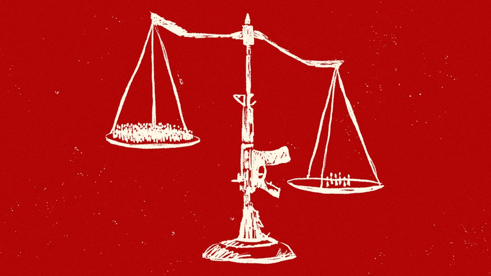 Illustration of the scales of justice balanced on a rifle