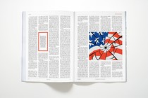 An overhead photograph of the The Atlantic magazine opened to a spread of the March 2025 article by David Frum.