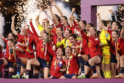 The Spanish women's national team celebrates after winning the World Cup.