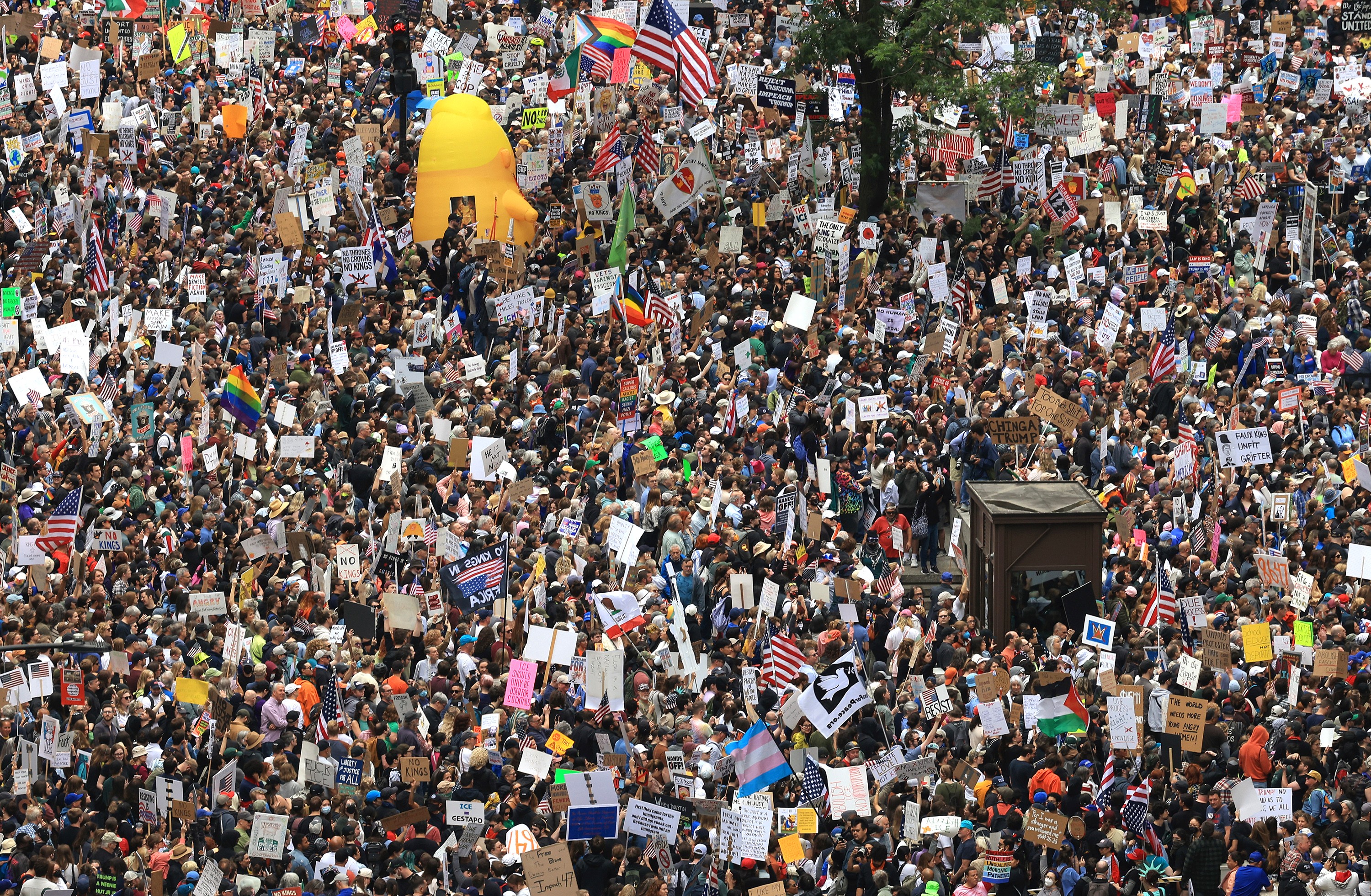 An elevated view of a very large crowd of protesters