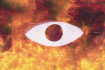 A digital and pixelated image of an eye with a raging fire behind it