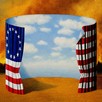 Illustration: A colonial 13-star American flag forms a semicircle around blue sky with an enormous fire as background.