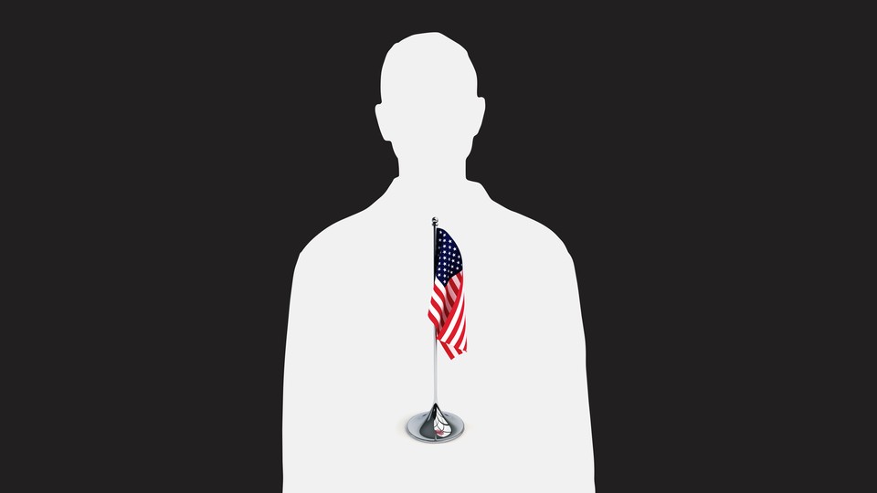 Illustration of a white silhouette of a man against a black background with an American flag in the middle