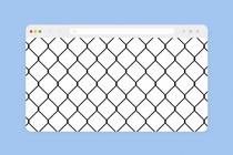 An illustration of a computer web browser with a metal wire gate inside it.