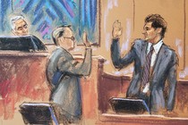 courtroom sketch of Sam Bankman-Fried with judge and lawyer