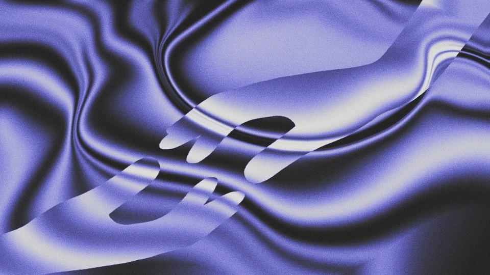 Silvery-blue hands reaching through netting against a black background