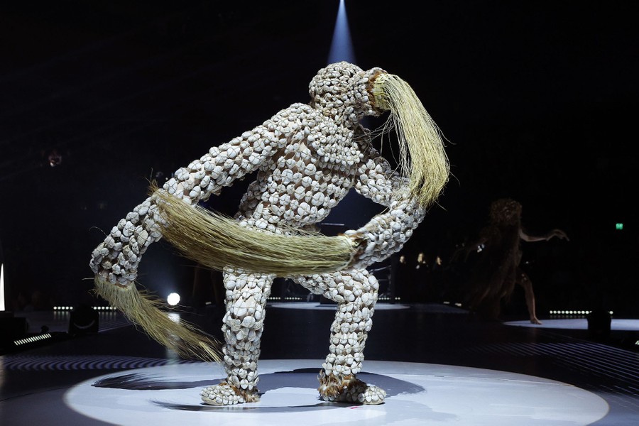 A person models a very elaborate costume, with long strands of what seems to be grass flowing out from arms and face.