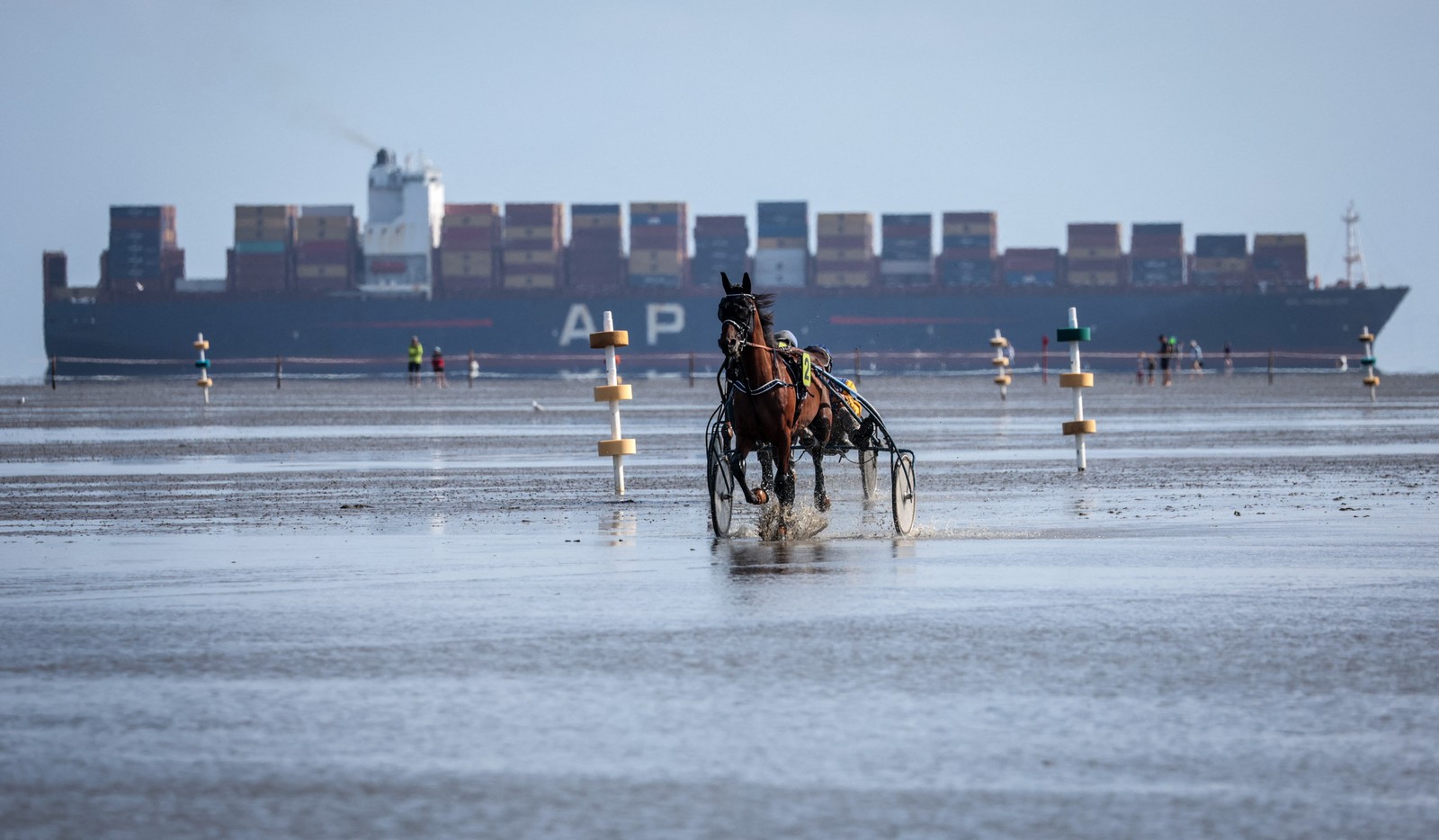 A racehorse pulls a small carriage on mudflats, with a container ship visible in the distance.
