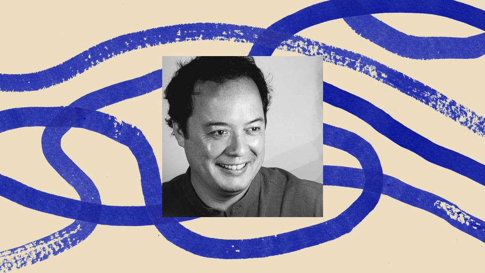 A black-and-white photo of Graeme Wood bordered by an illustration