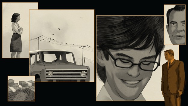 collage of illustrations: woman alone; stacks of cash; truck with birds on wire; sketches of men; Nixon