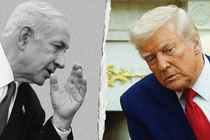 A composite image of two photos edited together to make it appear as if Benjamin Netanyahu is whispering in Donald Trump’s ear