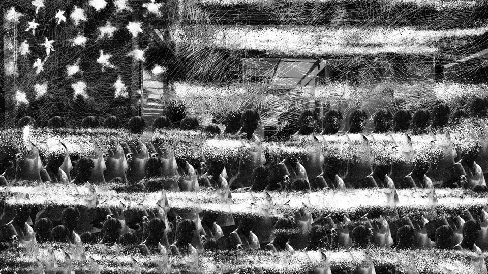 An illustration of an American flag superimposed on rows of people