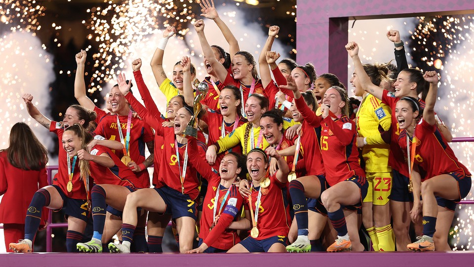 The Spanish women's national team celebrates after winning the World Cup