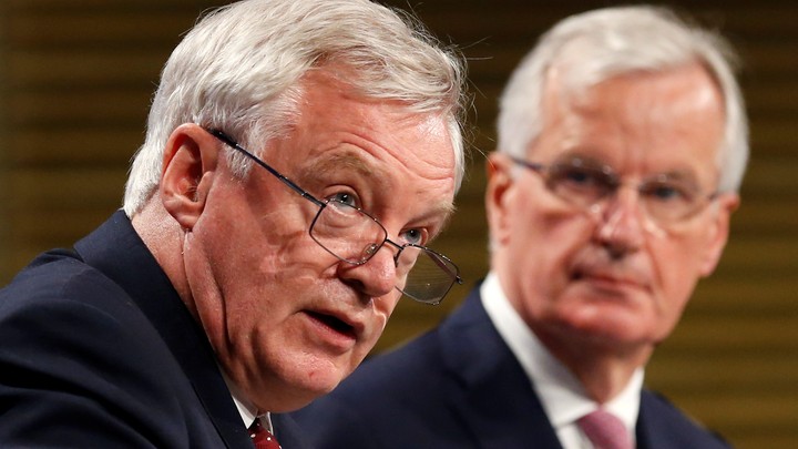 David Davis, the U.K. Brexit Secretary, and Michel Barnier, the EU’s Chief Brexit Negotiator, hold a joint press conference concluding the second round of Brexit talks in Brussels, Belgium on July 20, 2017.