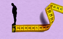 A silhouette of a man standing on the end of a measuring tape, looking over the end