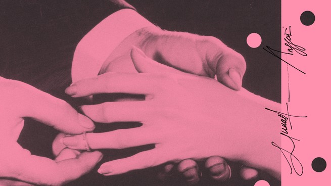 A pink image of a man slipping a wedding ring onto a woman's finger