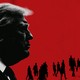 A photo-illustration showing a black-and-white photo of Donald Trump in profile and a line of young people walking away from him, on a deep-red background.