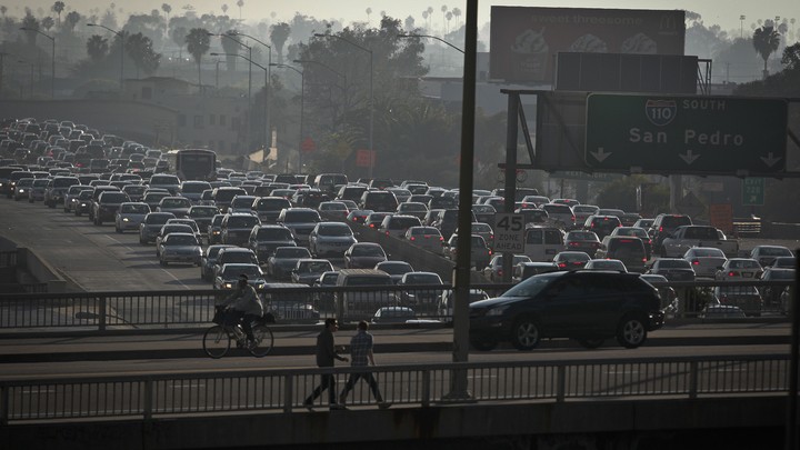 Bumper-to-bumper traffic along Route 110 in Los Angeles