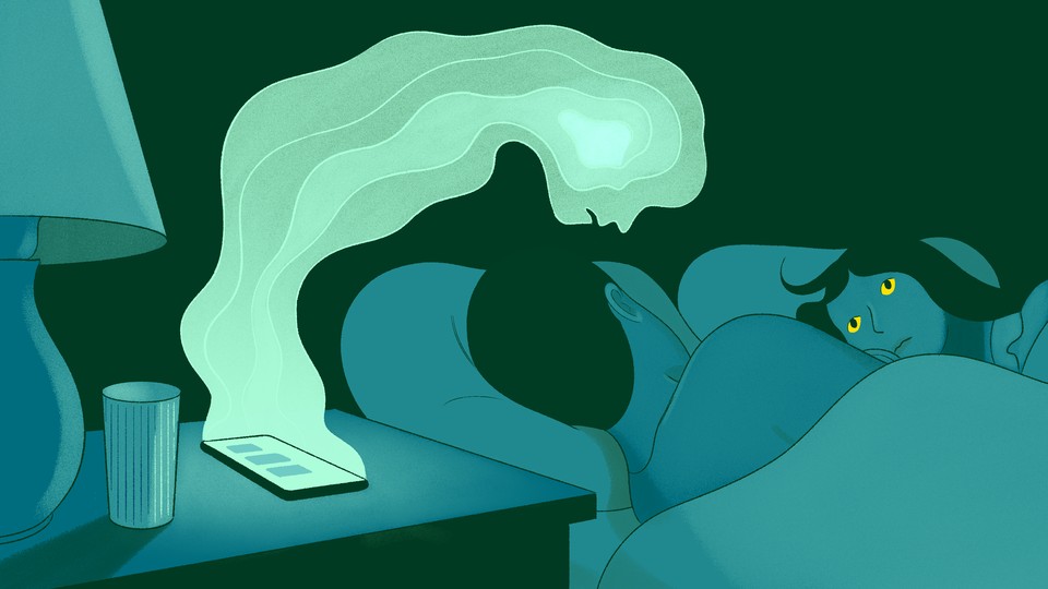 An illustration of a man and a woman in bed, with a ghostly female figure emerging from a phone on the bedside table
