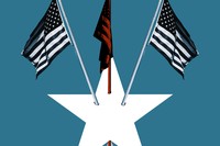 On a deep cerulean background a white star has three American flags piercing its center. The flag in the middle is red and black while the two flags on either side are black and white.