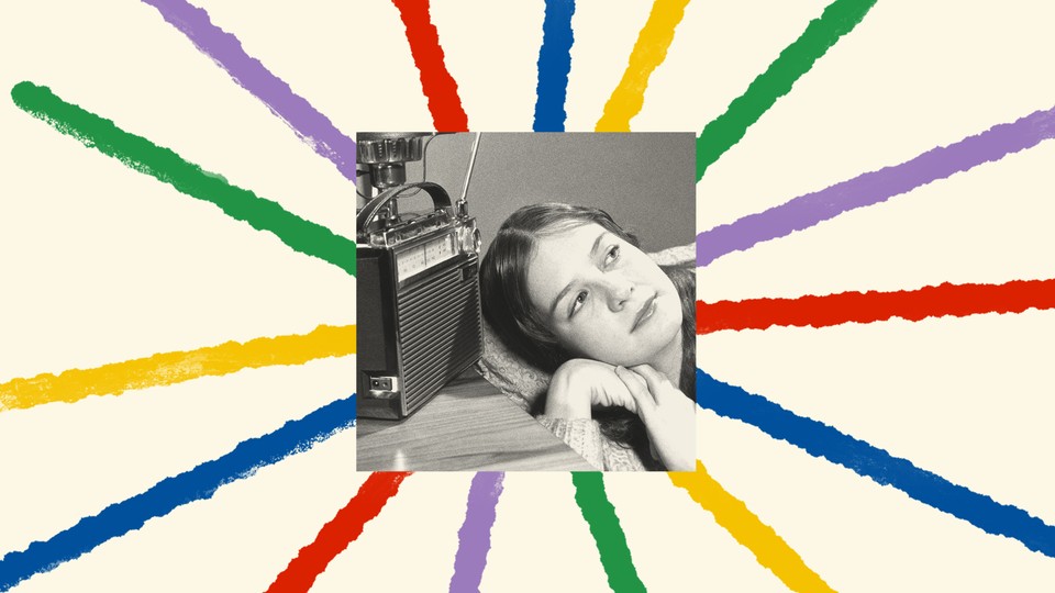 A starburst of colorful stripes including purple, yellow, green, red, and blue extend out from a black-and-white photo of a young woman resting her head next to a radio.