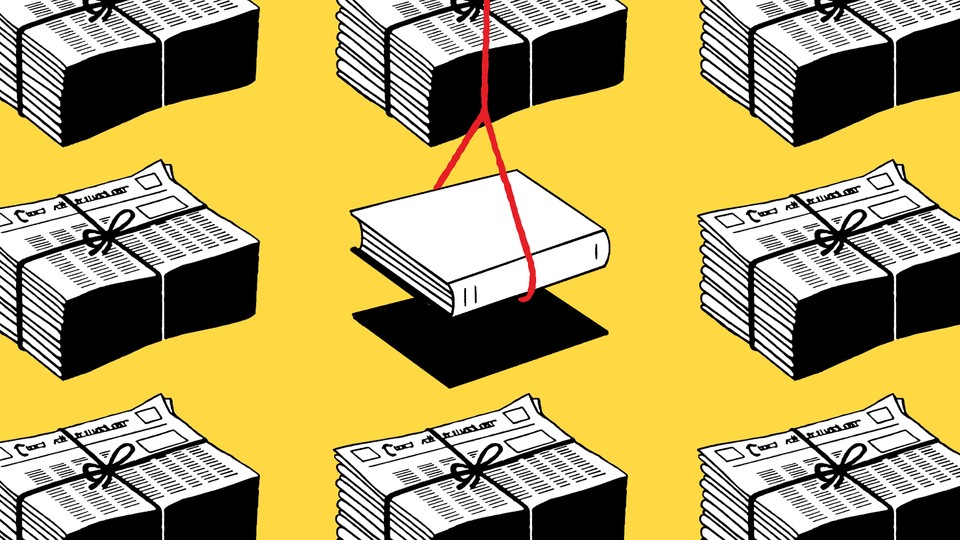 Illustration of a book being removed from stacks of newspapers
