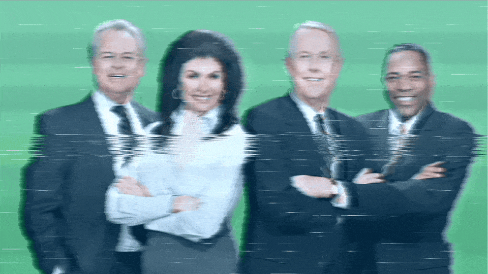 A gif of news broadcasters on a glitchy television screen