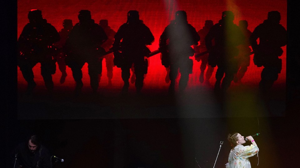 The Russian singer Monetochka performs in an anti-war concert in Poland in 2022.