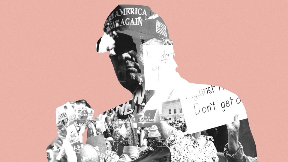A portrait of Trump overlaid with scenes from pro-abortion-rights and anti-abortion protests