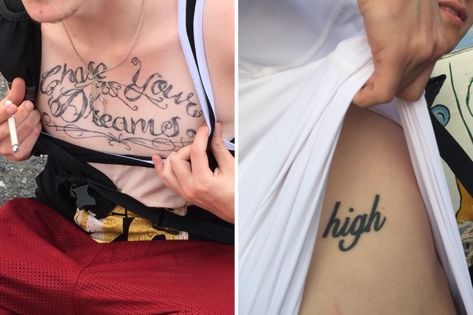 A diptych of photographs that says "Chase Your Dreams" on the left, and "high" on the right tattooed on people's bodies.