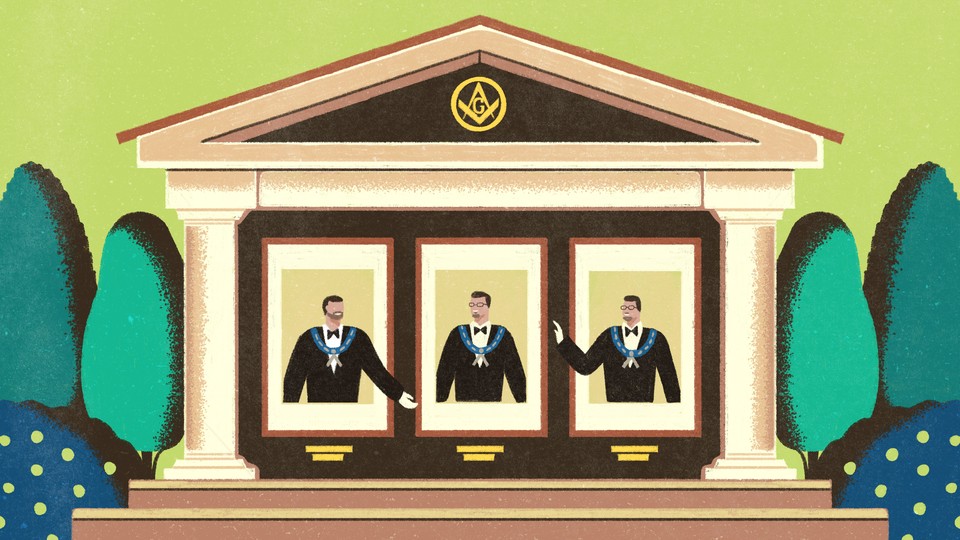 An illustration of three men in a Masonic lodge.