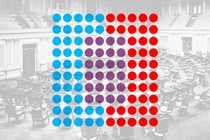 An illustration of blue, purple, and red dots superimposed on a photo of the U.S. Senate