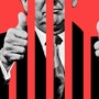 An illustration of Donald Trump making the thumbs-up sign behind bars