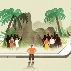 An illustration of an island popping out of a giant smart phone.