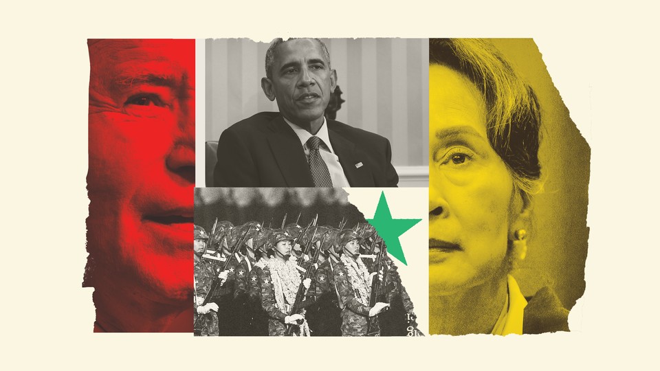 A collage of photos showing Joe Biden, Barack Obama, the Myanmar military, and Aung San Suu Kyi
