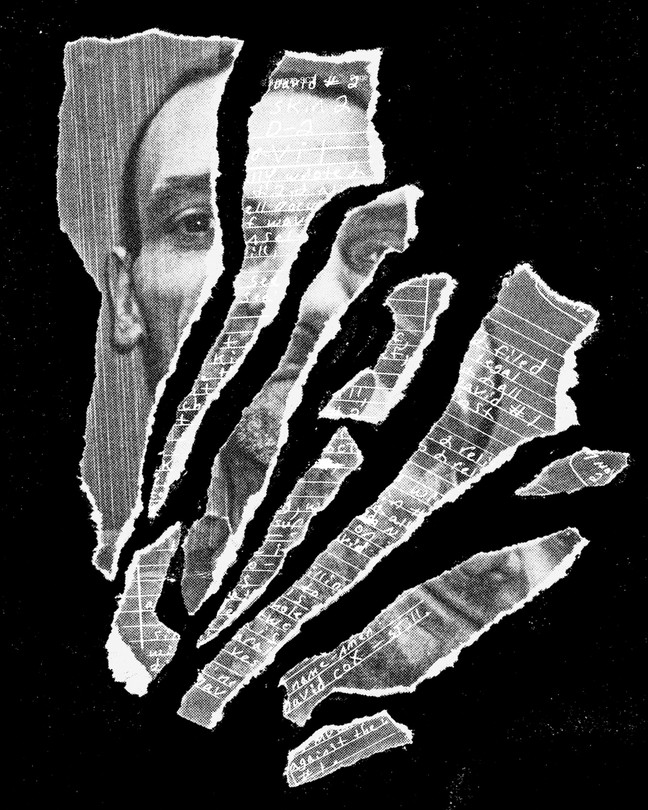 photo illustration of Cox's mug shot overlaid with handwritten note, torn into shreds and fanned out