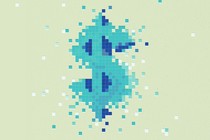 Illustration of a blue-and-green dollar sign made of pixels